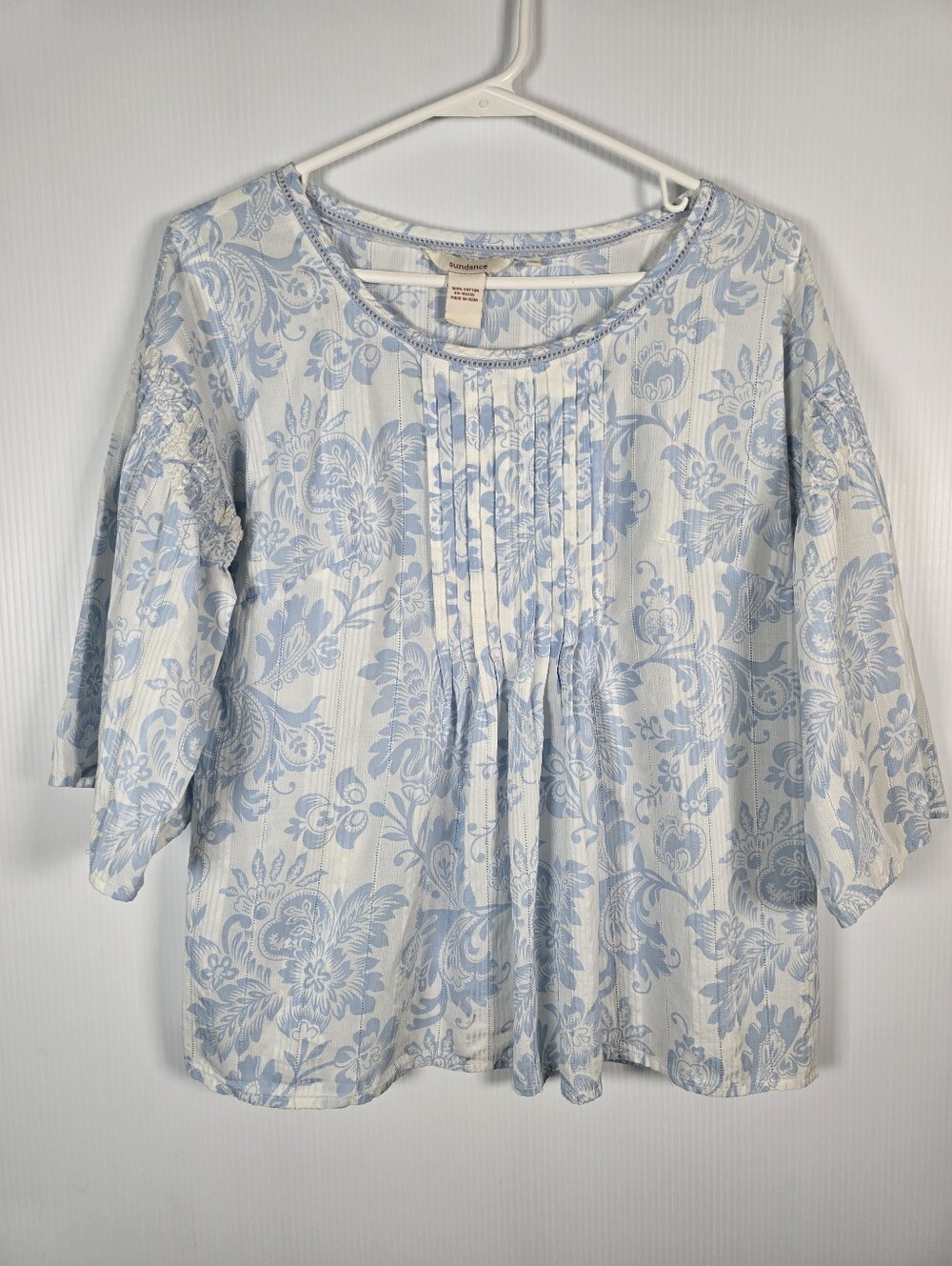 Sundance Light Blue & White Peasant Boho Floral Pintuck Tunic Bell Sleeve SizeXS